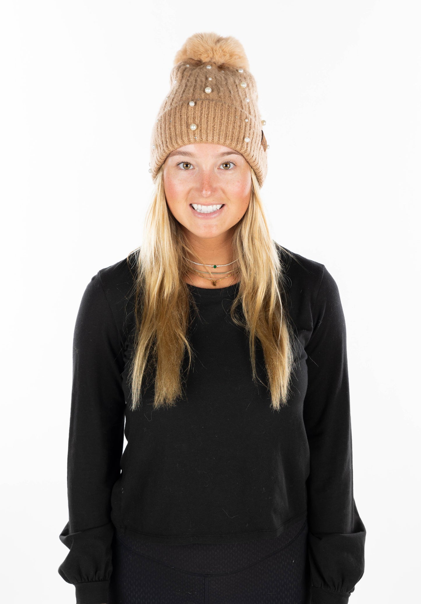 Faux Fur Pom Hat: Pearl Embellishment - Camel