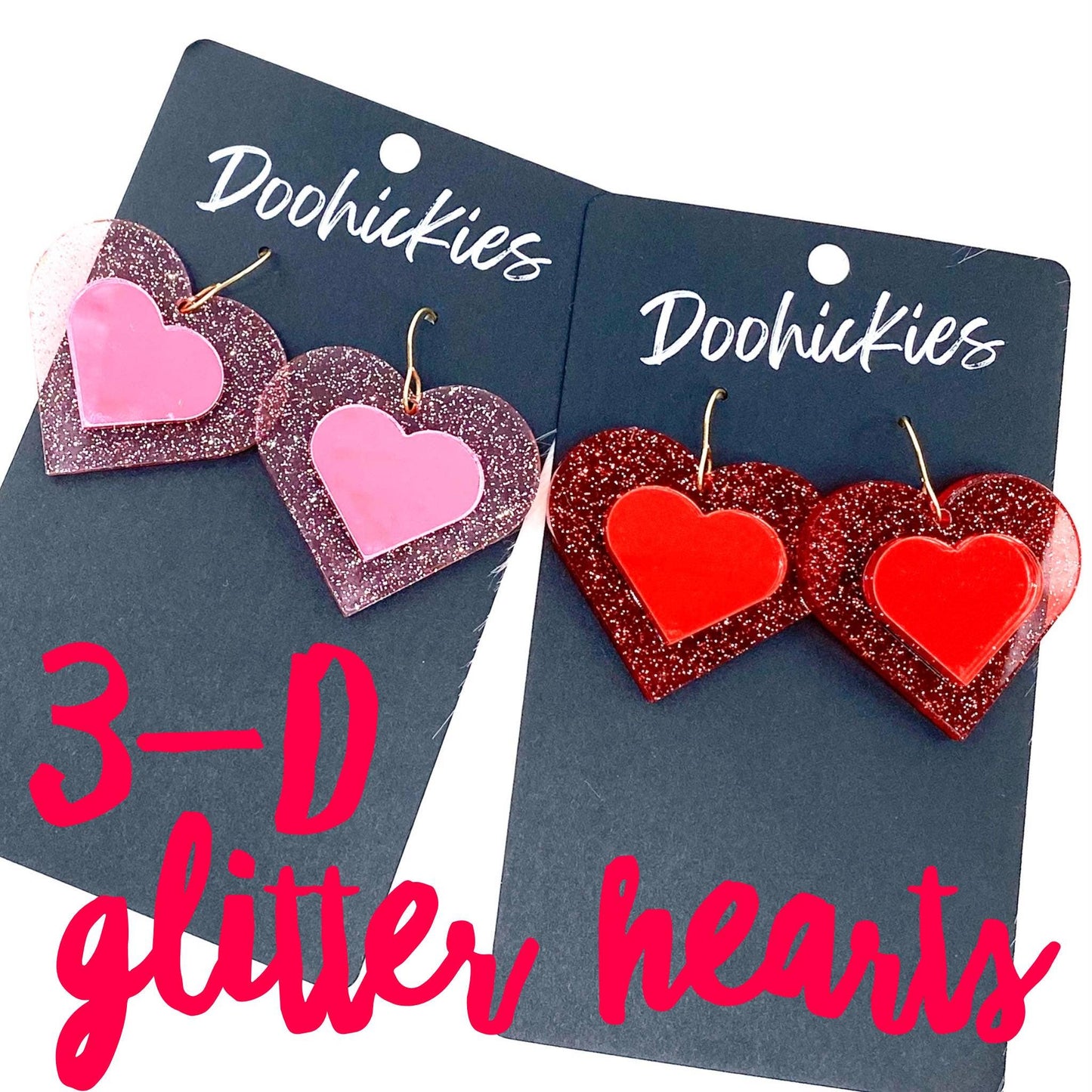 Glitter 3-D Hearts -Valentine Acrylic Earrings: Pink