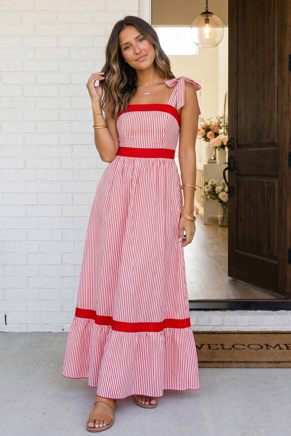LAS Stripe Bow Knot Straps Ruffle Hem Maxi Dress (S-XL): Red Stripe / Missy / L