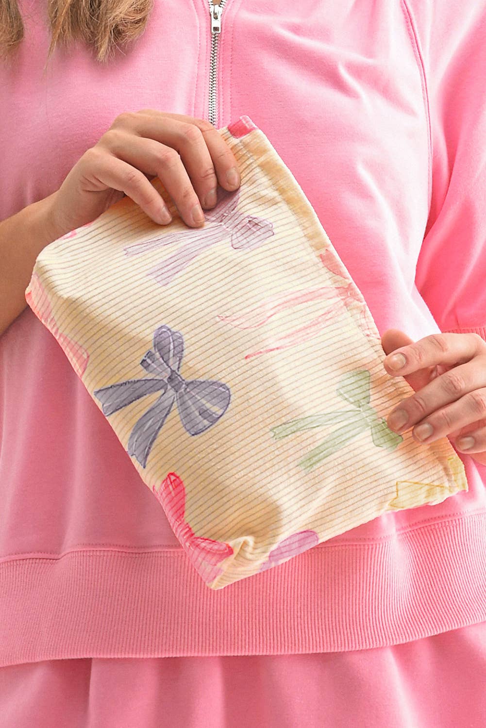 Bow Knot Zipper Corduroy Cosmetic Bag: As shown / Missy / Standard