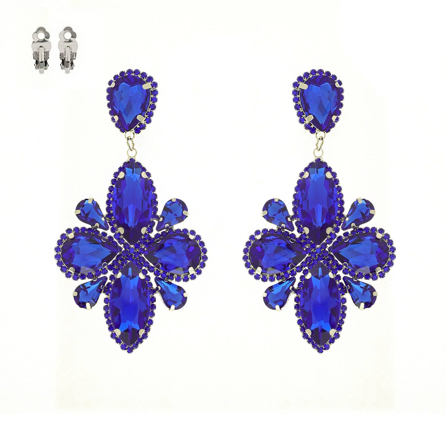 Statement Large Crystal Flower Clip On Earrings: Silver Clear