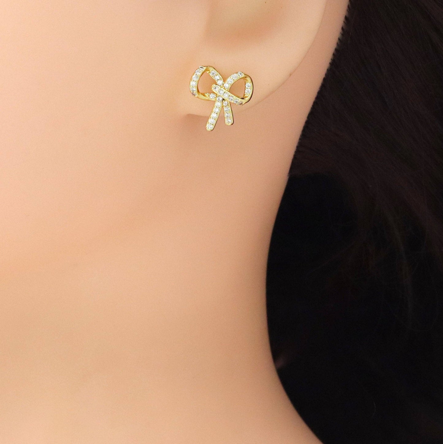 Clear CZ Gold Bow knot Stud Earrings, Sku#LK966