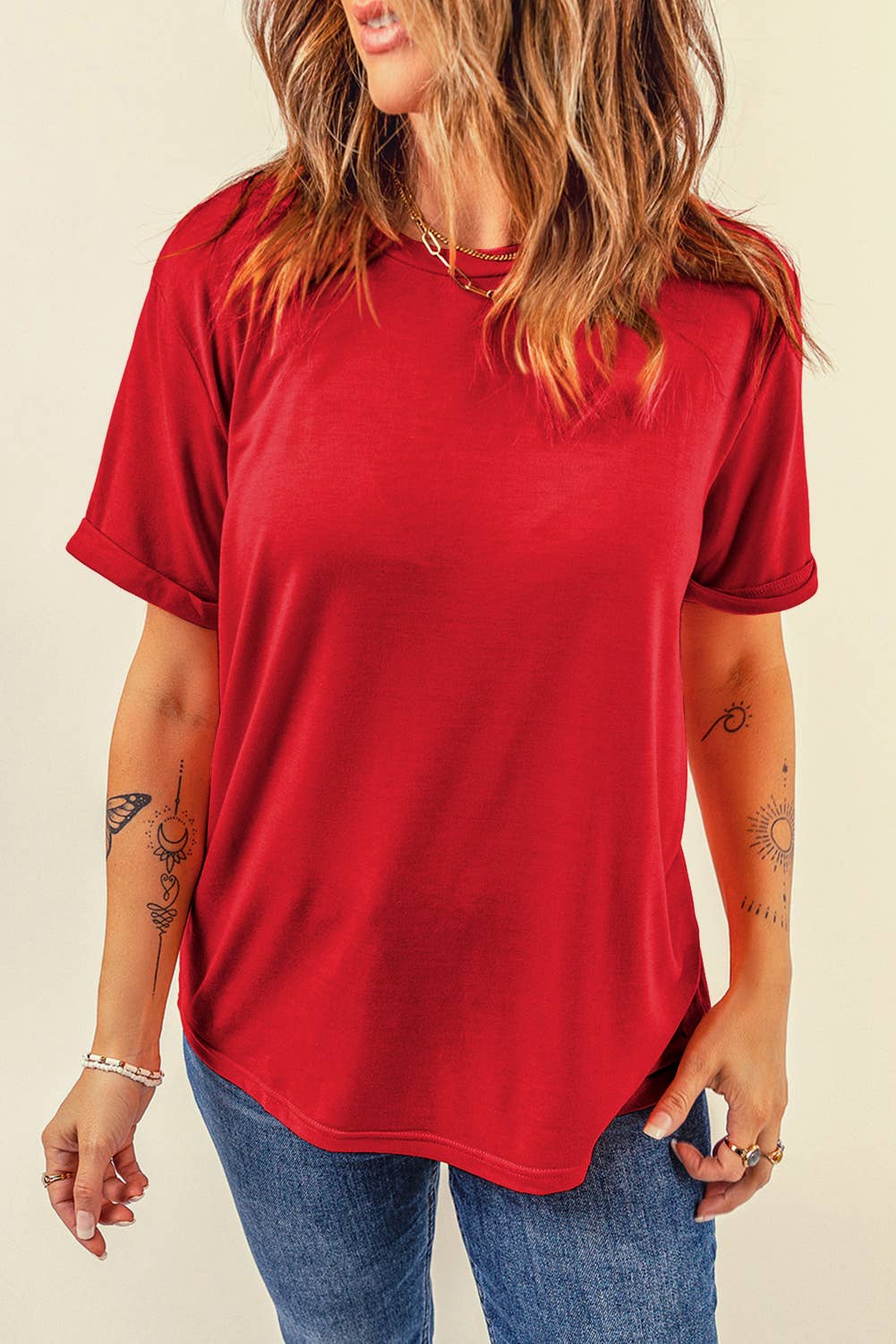 LDC Casual Plain Crew Neck Tee: Rose Red / M
