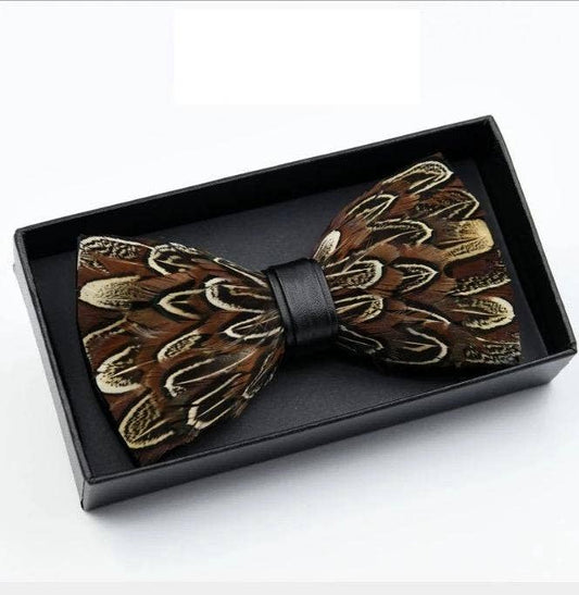 Handmade Brown Feather Bow Tie W/free Lapel Pin Set