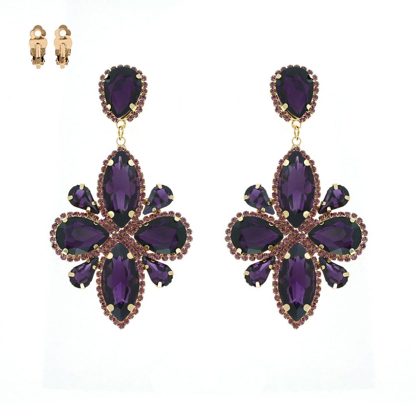 Statement Large Crystal Flower Clip On Earrings: Gold Iridescent ecy11670 gab