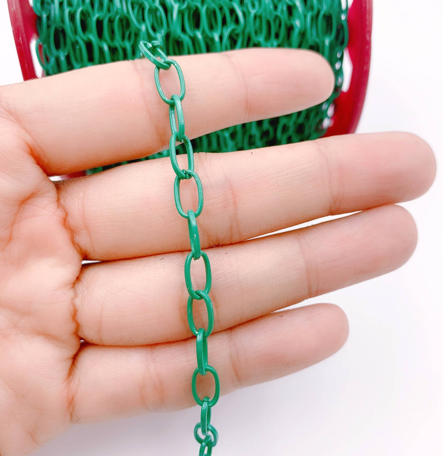 Enamel Paperclip Chain by Foot, Oval Link Chain, CH124: Green / 3 Feet