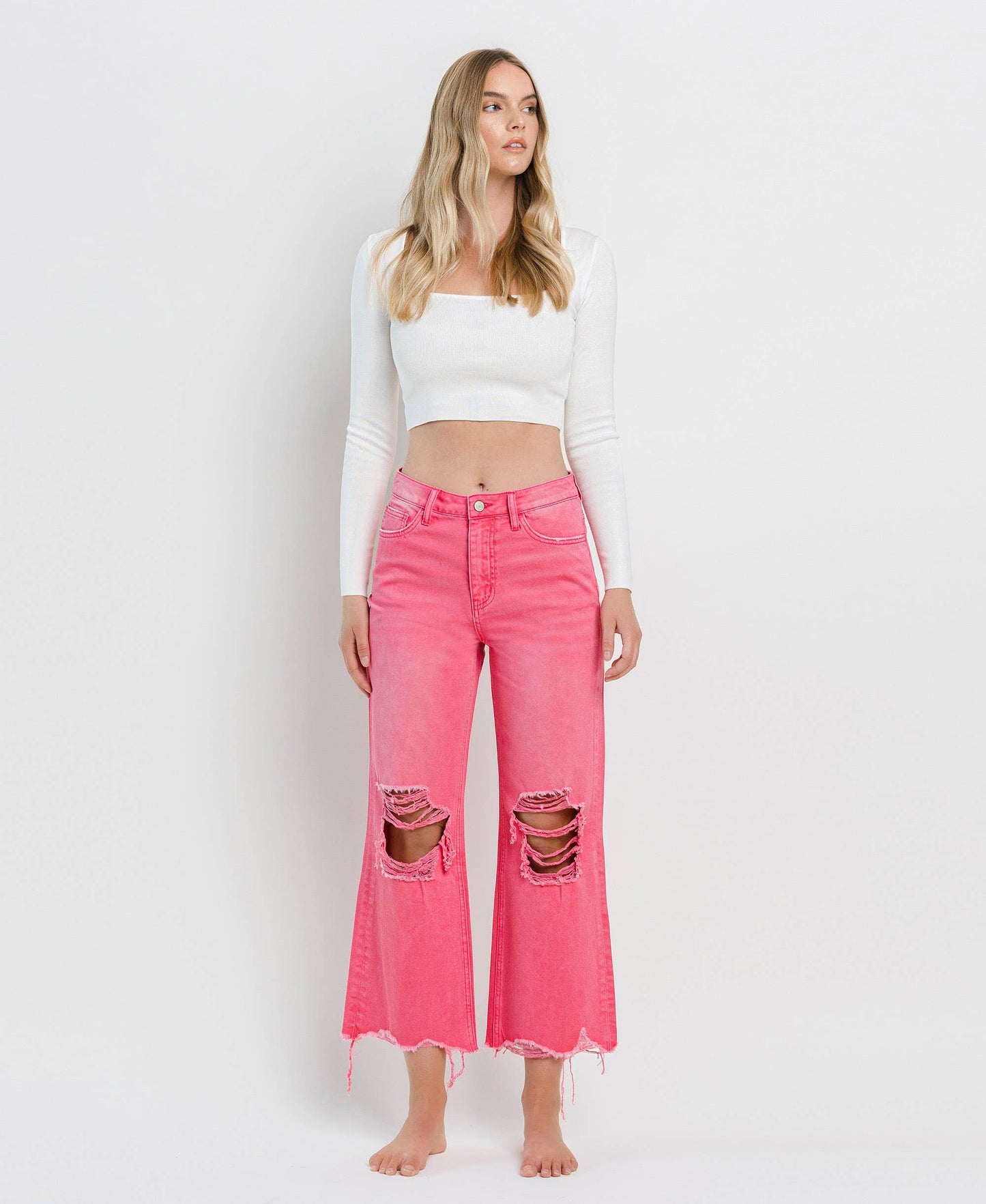 90'S VINTAGE SUPER HIGH RISE CROP FLARE JEANS V2736HP: HOT PINK / 32