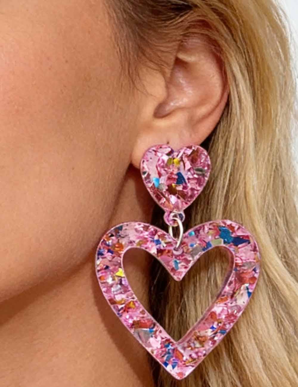 Ladies Valentine's Acrylic Double Heart Hollow Pendant Earrings: Red / One Size