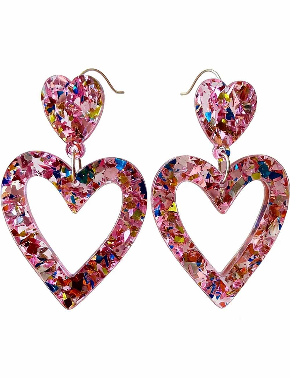 Ladies Valentine's Acrylic Double Heart Hollow Pendant Earrings: Red / One Size