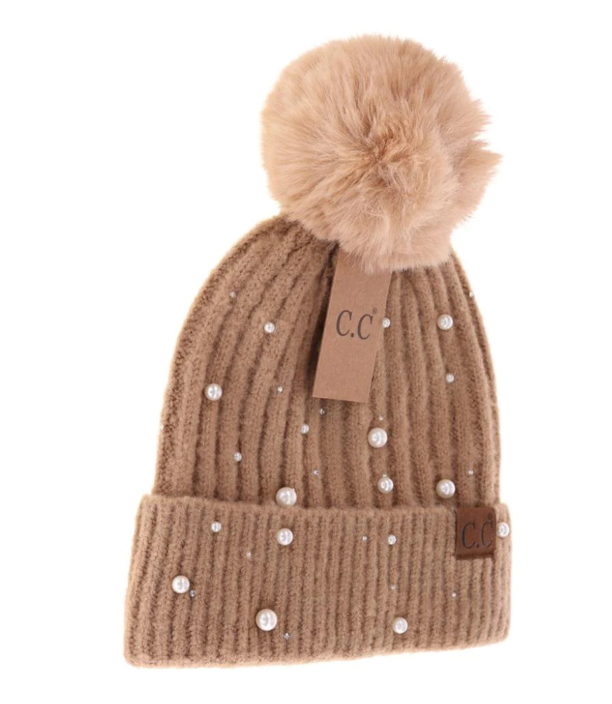 Faux Fur Pom Hat: Pearl Embellishment (Camel)