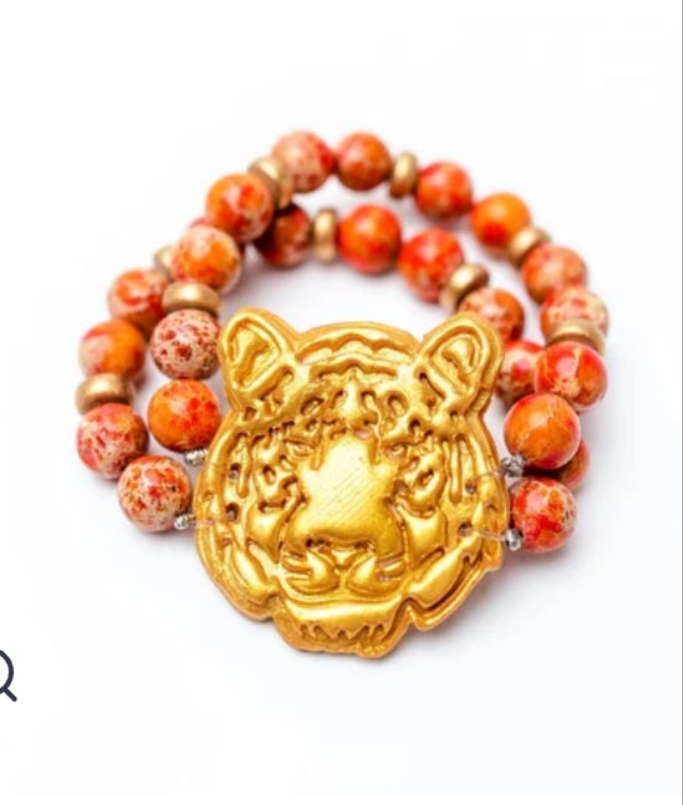 Orange jasper double strand with tiger face bracelet