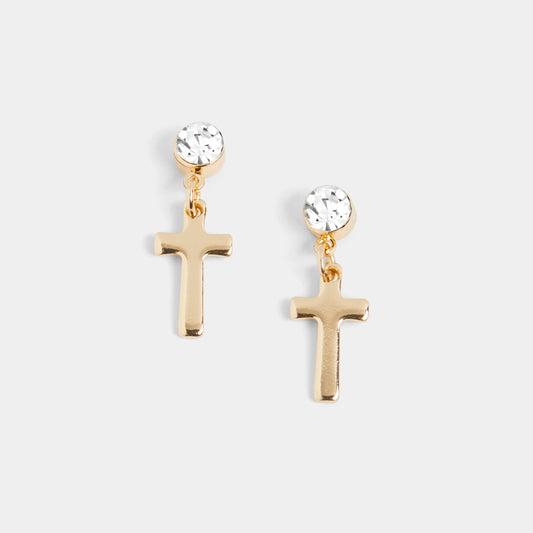 Clear Stone Cross Dangle Earrings, Gold