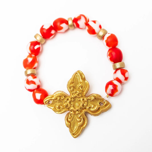 Red and White African Glass with Kait Cross