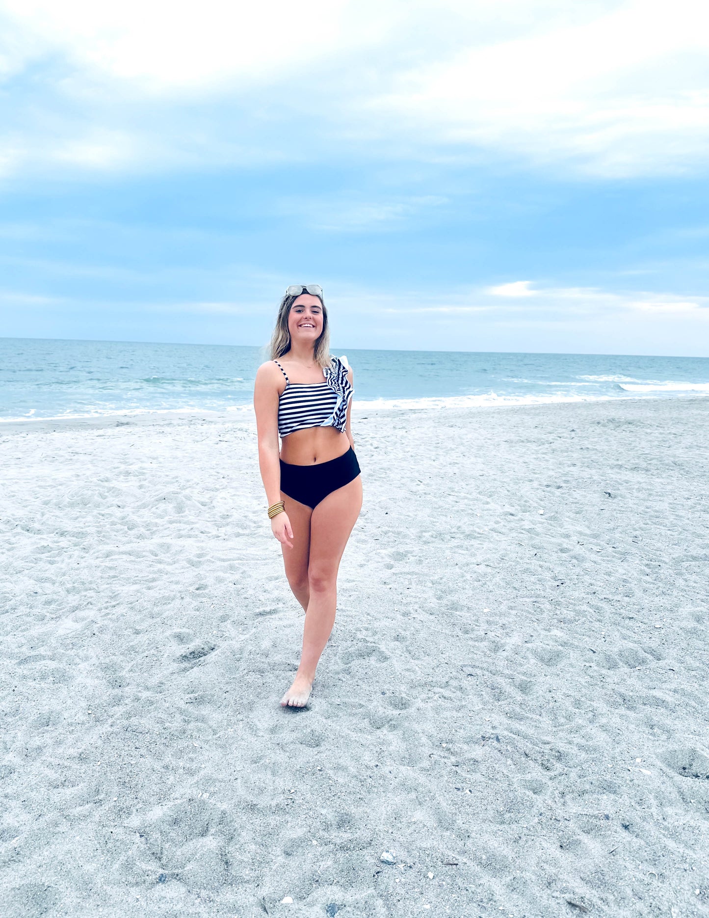 Amalfi Coast Ruffle Swimsuit, Black + White Bikini