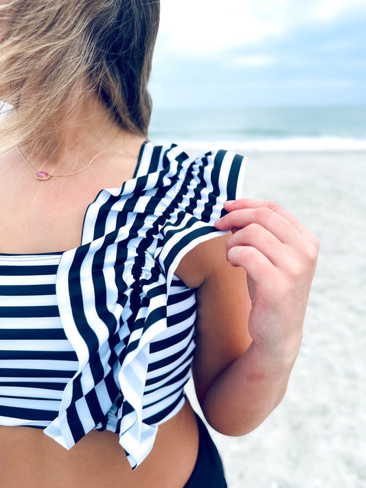 Amalfi Coast Ruffle Swimsuit, Black + White Bikini