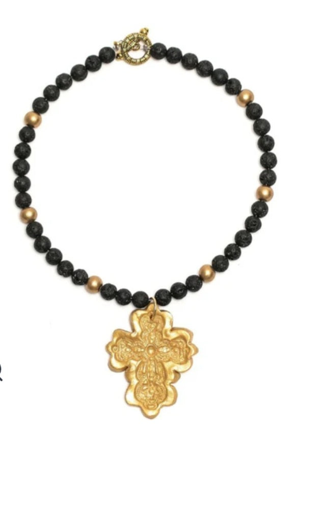 Black Lava beads with cherries Cross