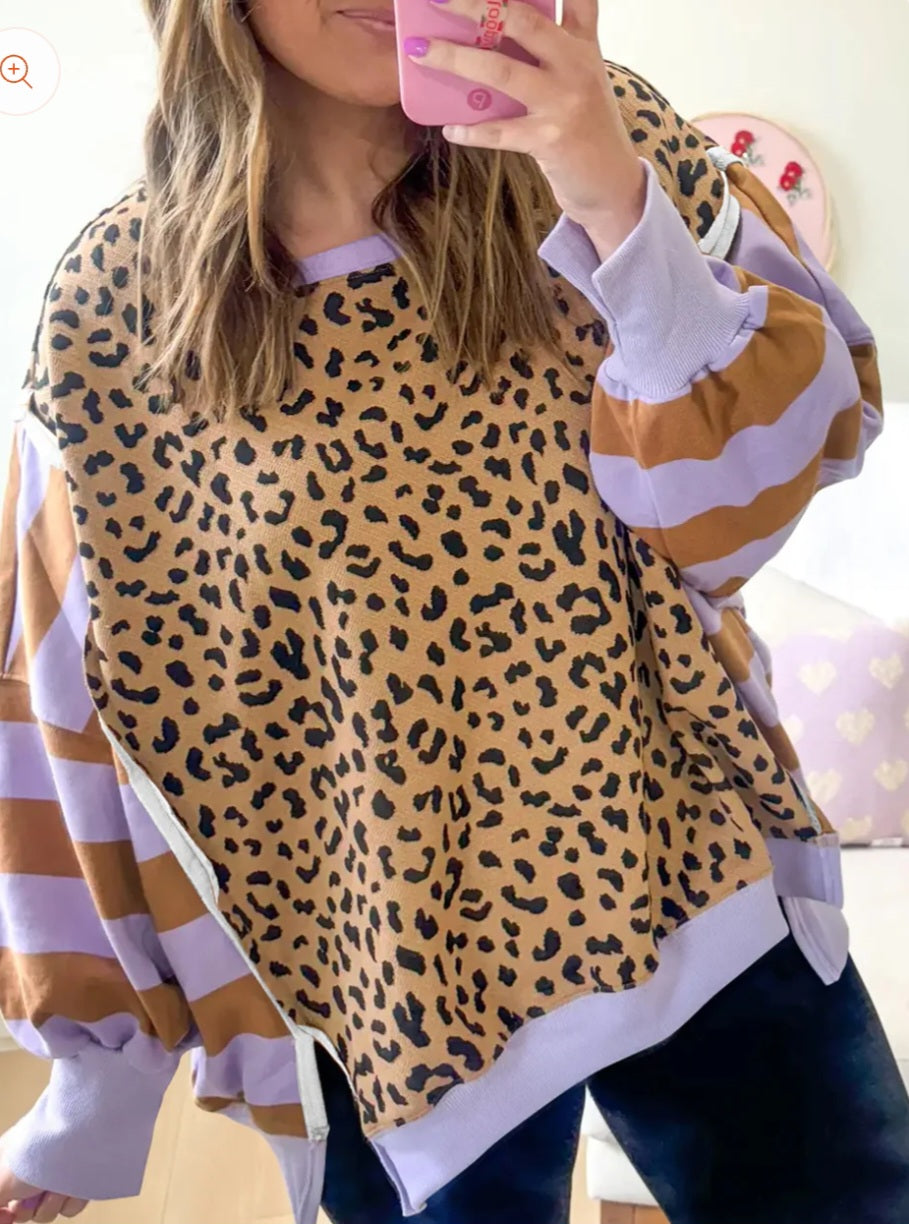 Beth purple stripe leopard pullover