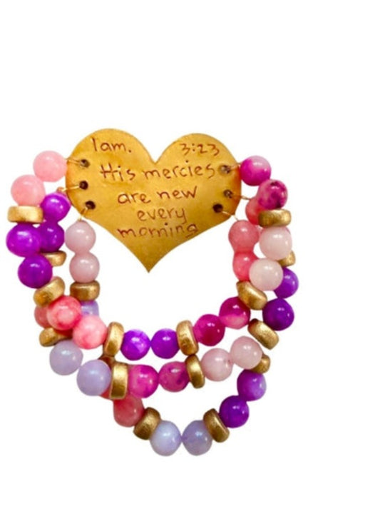 Pink and purple triple strand heart bracelet