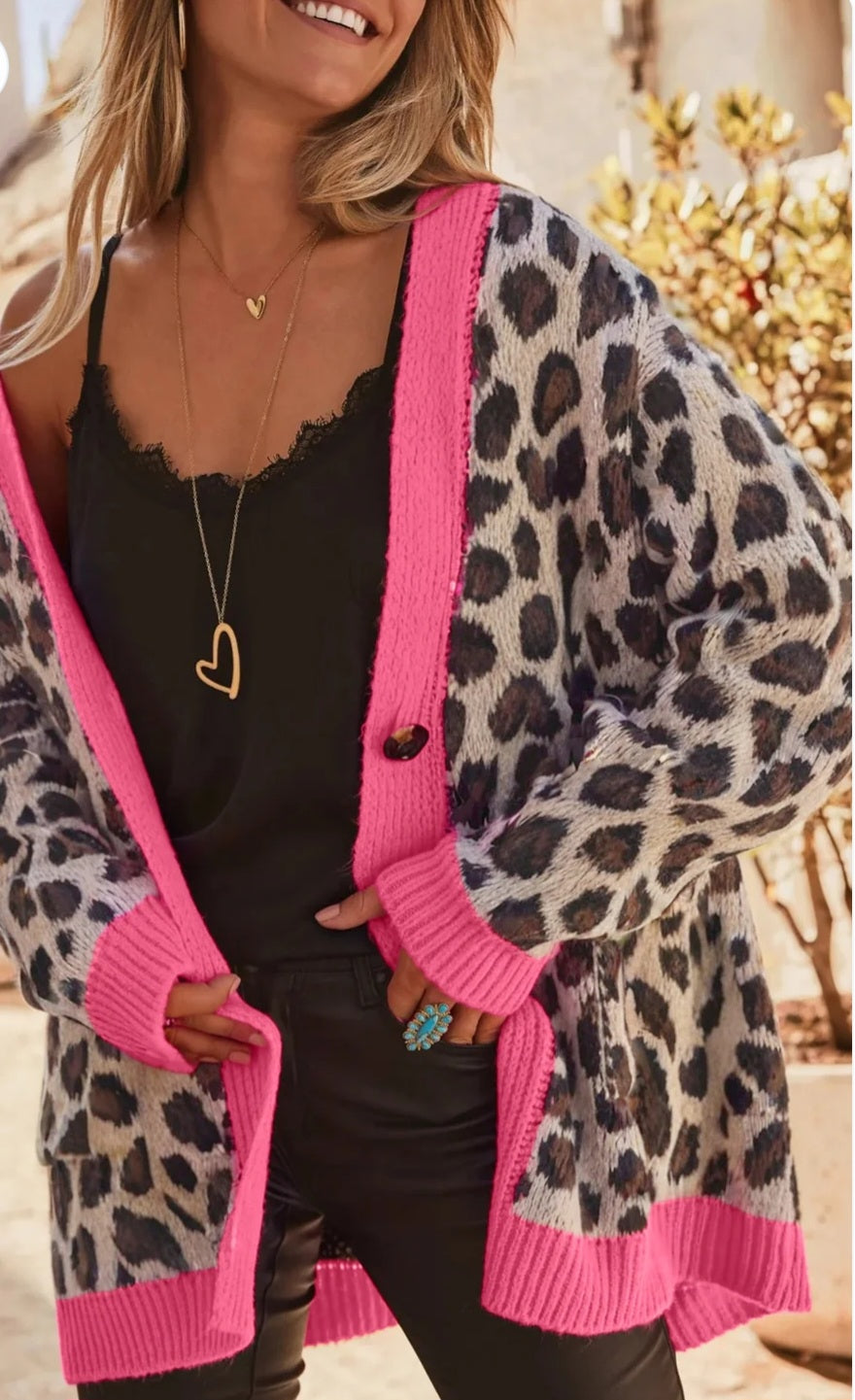 Pink trim leopard cardigan