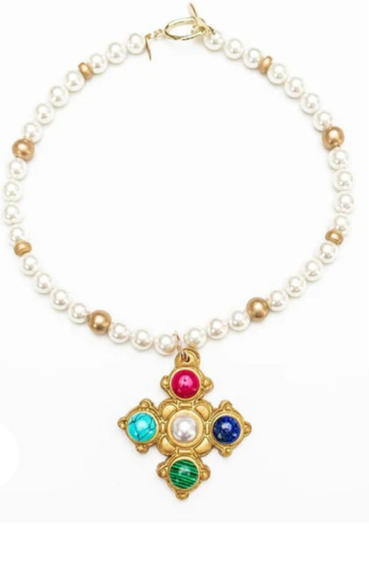 18" pearl with multi gem Esther cross