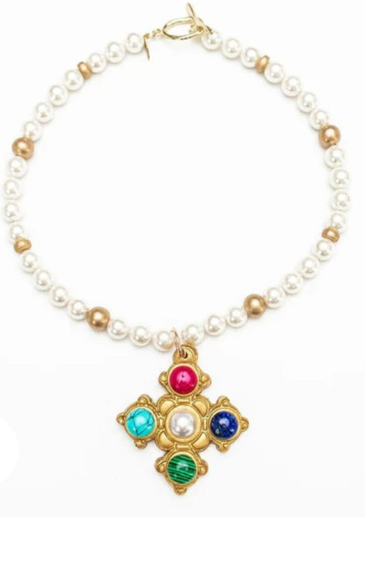 18" pearl with multi gem Esther cross