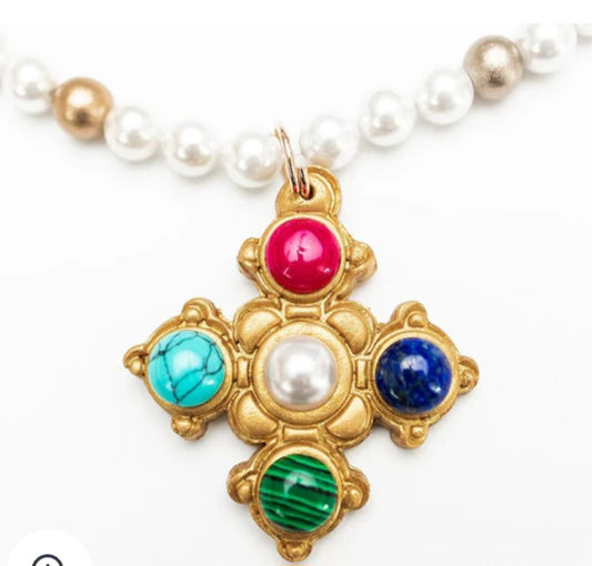 18" pearl with multi gem Esther cross