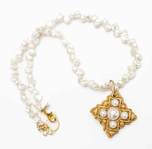 18" small freshwater Pearls necklace with Ellie pearl cross