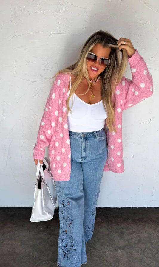 Pink polka dot spring cardigan
