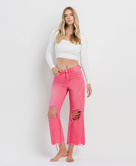 90'S VINTAGE SUPER HIGH RISE CROP FLARE JEANS V2736HP: HOT PINK 32