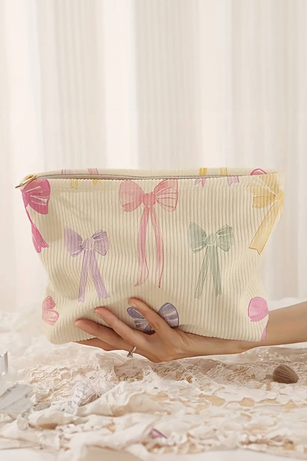 Bow Knot Zipper Corduroy Cosmetic Bag: As shown / Missy / Standard