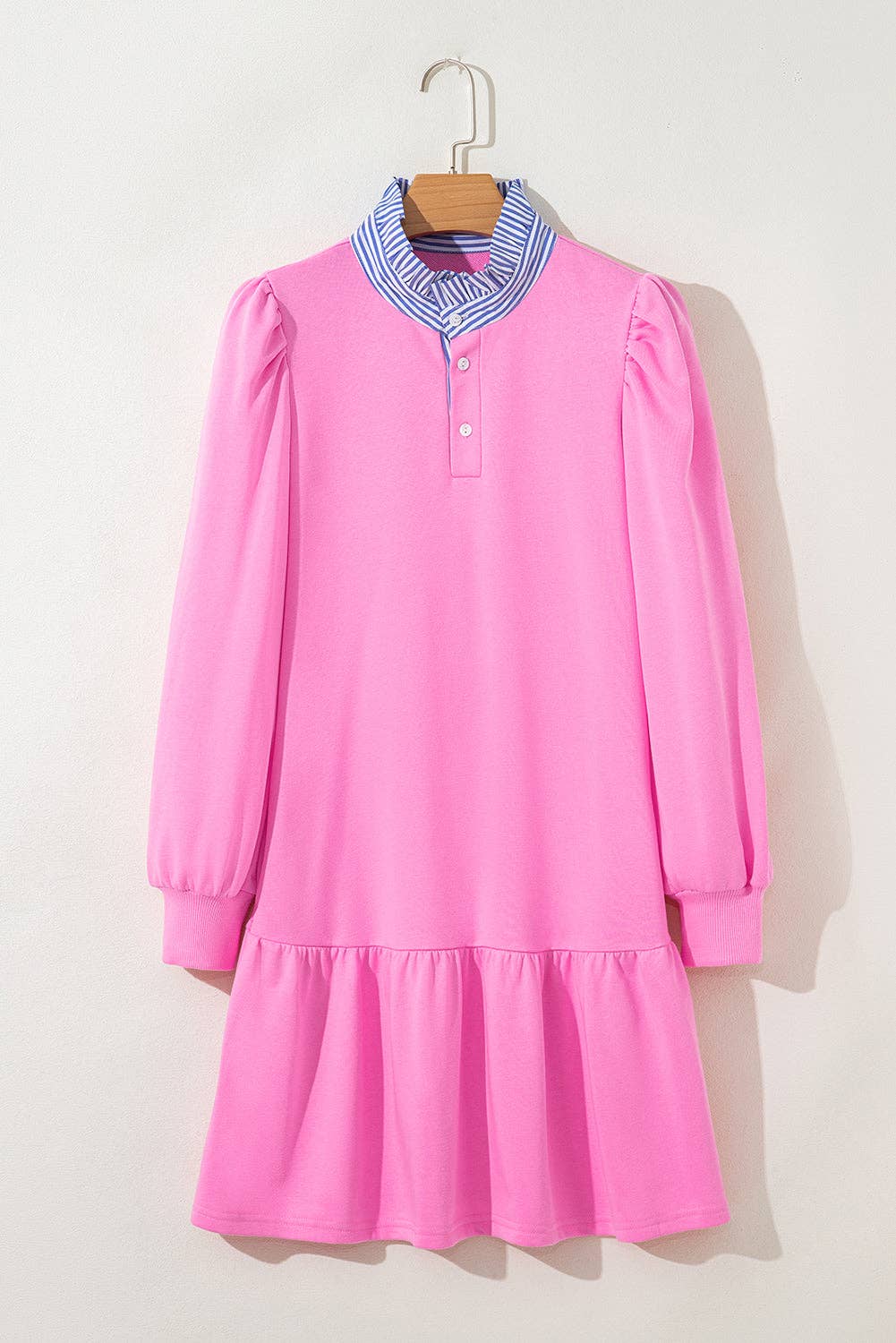 Edith Pink Contrast Striped Collar Patchwork Puff Sleeve Ruffle Hem Mini Dress: Pink / 70%Polyester+30%Cotton
