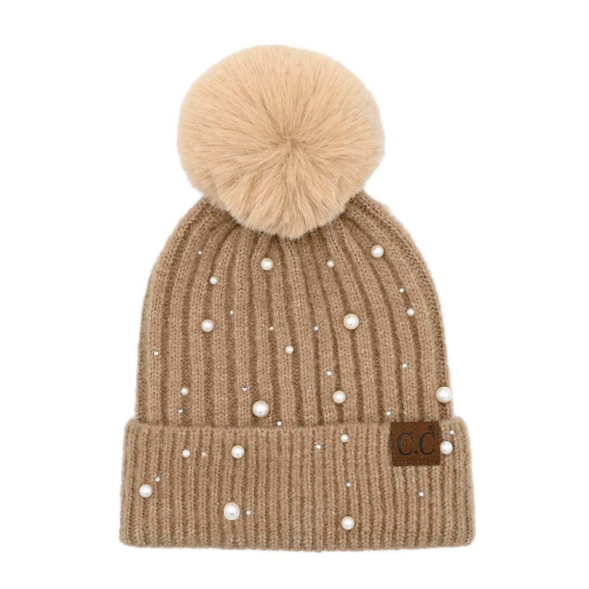 Faux Fur Pom Hat: Pearl Embellishment - Camel