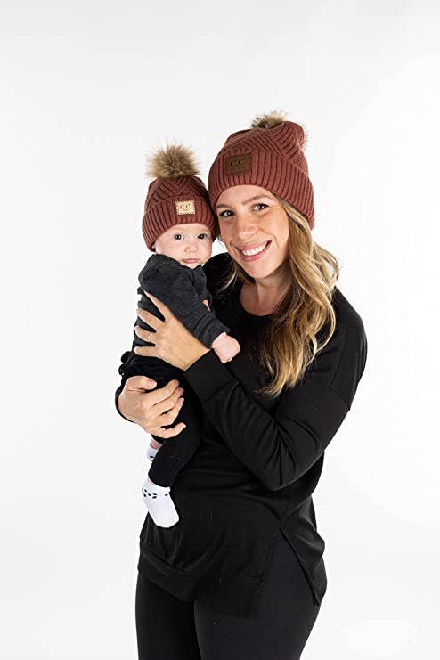 C.C Baby/Infant Pom Beanie - Brick (basketweave pattern)