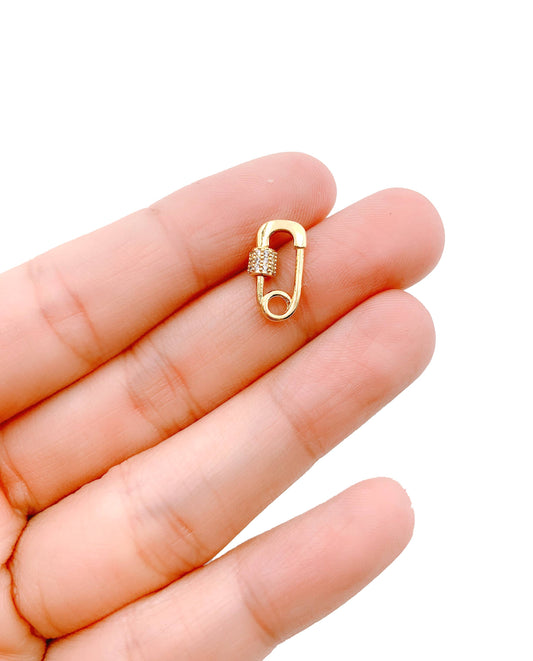 Mini Safety Pin CZ Micro Pave Carabiner Screw Clasp, CL421