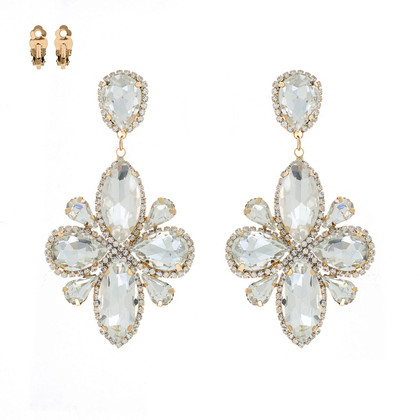 Statement Large Crystal Flower Clip On Earrings: Gold Iridescent ecy11670 gab