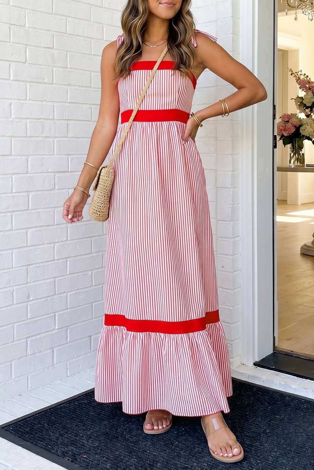 LAS Stripe Bow Knot Straps Ruffle Hem Maxi Dress (S-XL): Red Stripe / Missy / XL