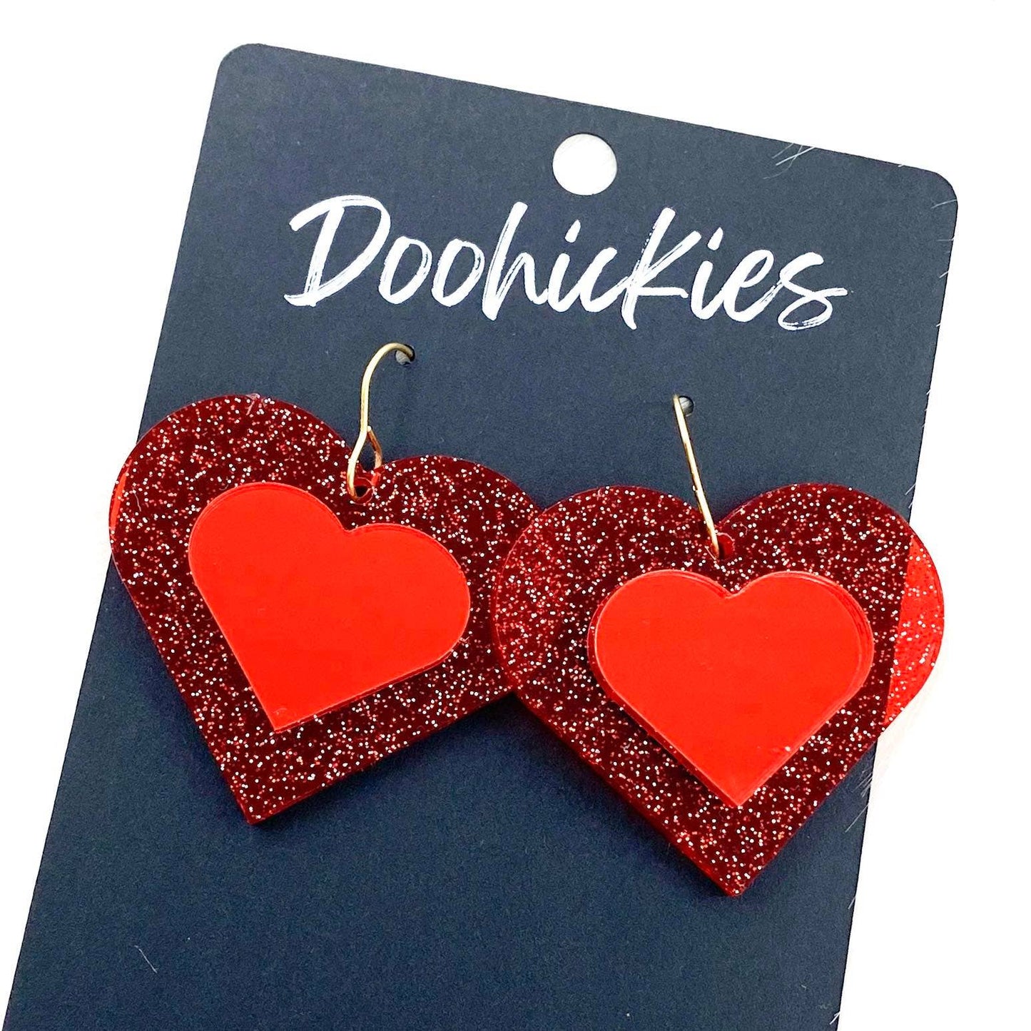 Glitter 3-D Hearts -Valentine Acrylic Earrings: Red