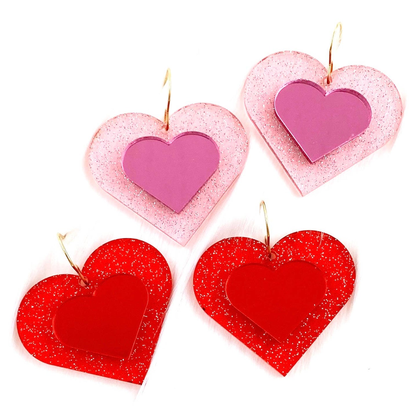 Glitter 3-D Hearts -Valentine Acrylic Earrings: Red