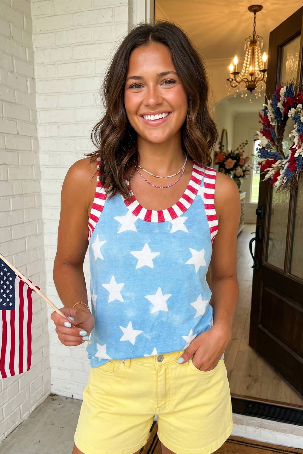 LAS Dye Star Print Striped Trim Casual Tank Top (S-XL): Sky Blue / Missy / XL