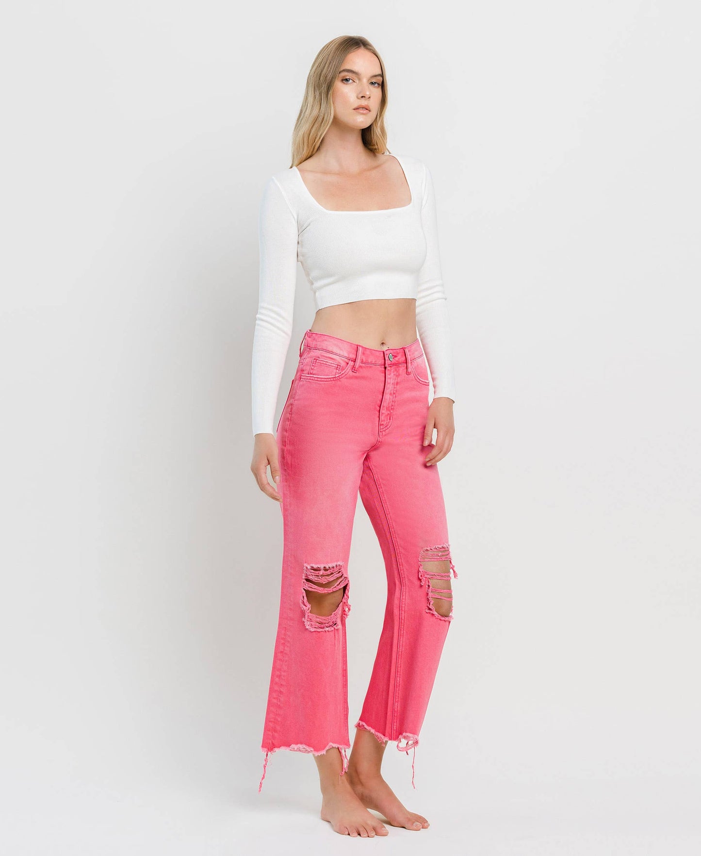 90'S VINTAGE SUPER HIGH RISE CROP FLARE JEANS V2736HP: HOT PINK / 32