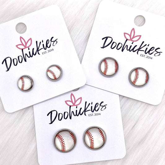 Vintage Baseball in Stainless Steel Settings -Sports Earring: 8mm