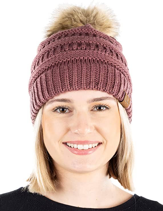 C.C Faux Fur Pom Beanie - Coco Berry