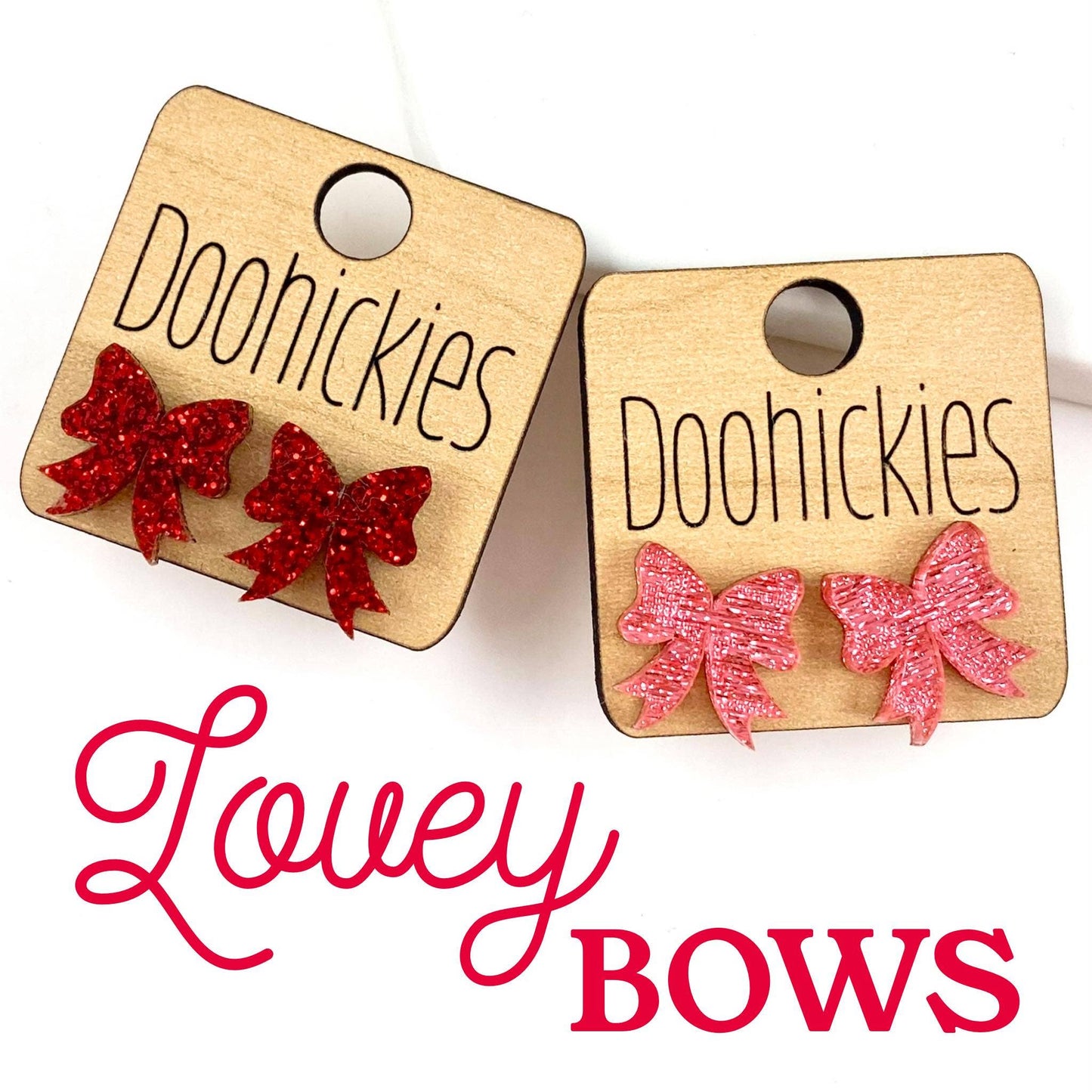 15mm Lovey Acrylic Bow Studs - Valentines Earrings: Red Glitter