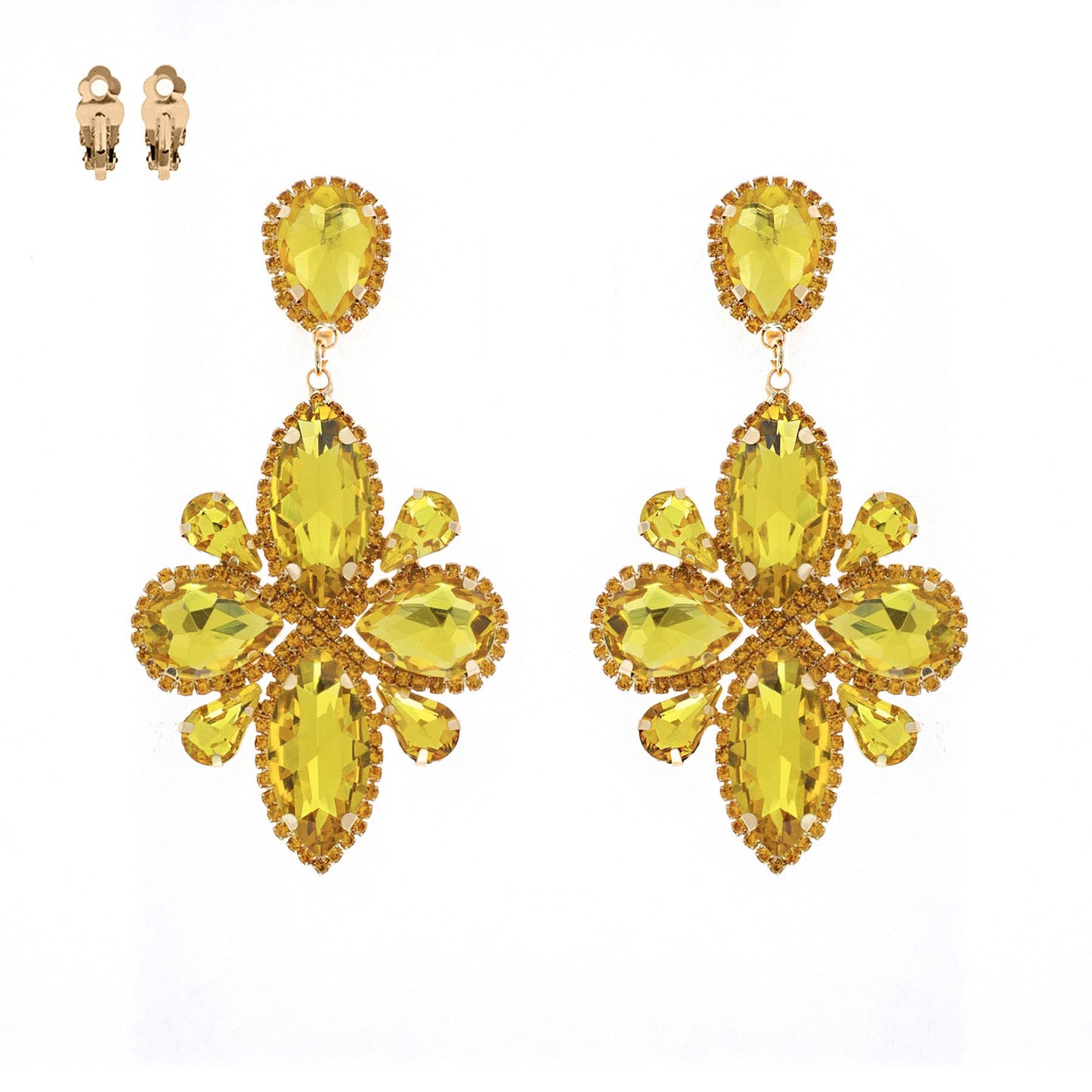 Statement Large Crystal Flower Clip On Earrings: Gold Iridescent ecy11670 gab