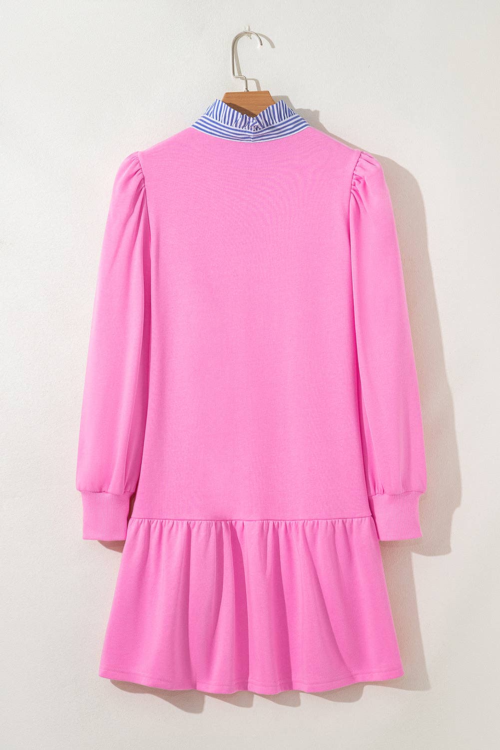 Edith Pink Contrast Striped Collar Patchwork Puff Sleeve Ruffle Hem Mini Dress: Pink / 70%Polyester+30%Cotton