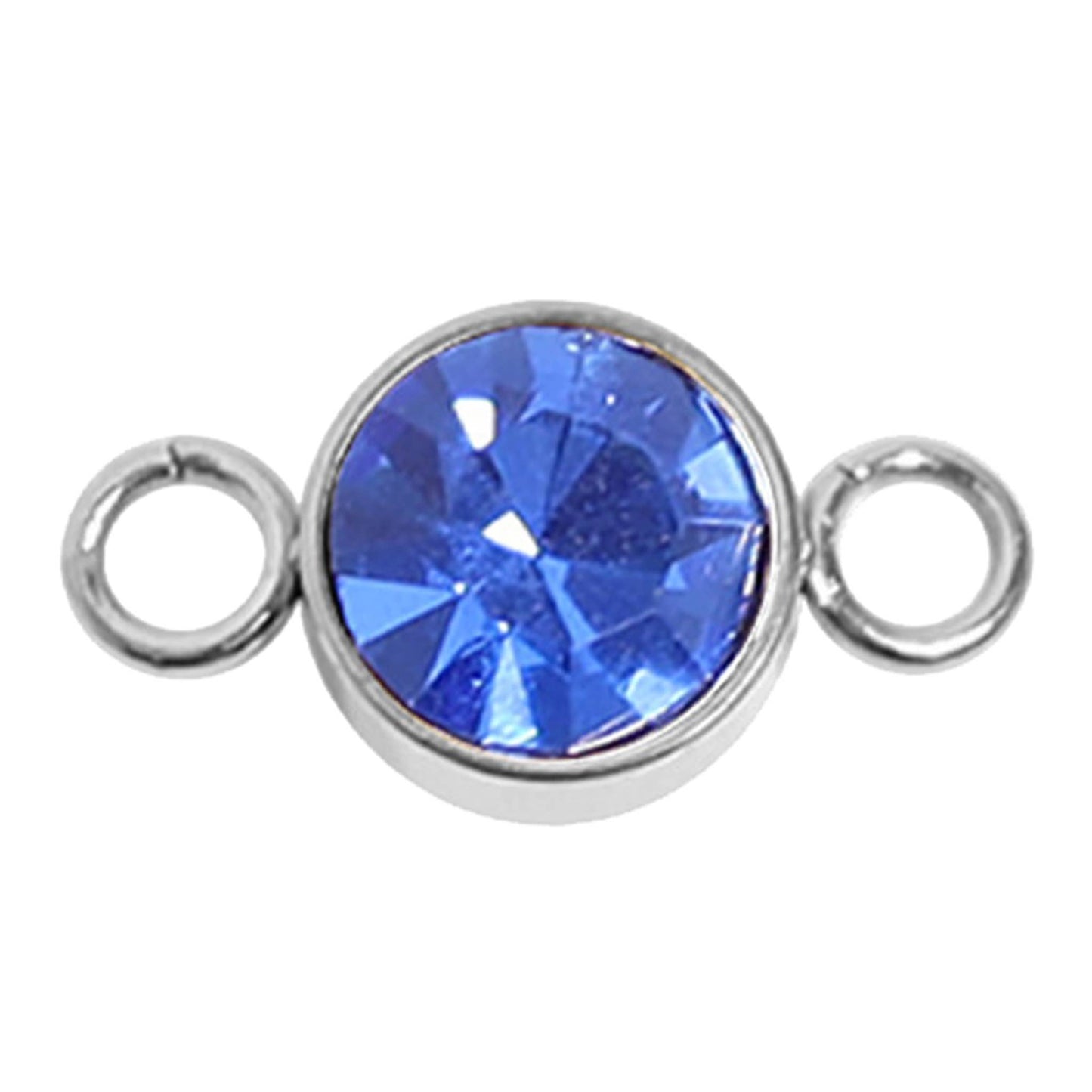 Stainless Steel Round Cubic Zirconia Birthstone Connector Charm: September / Sapphire