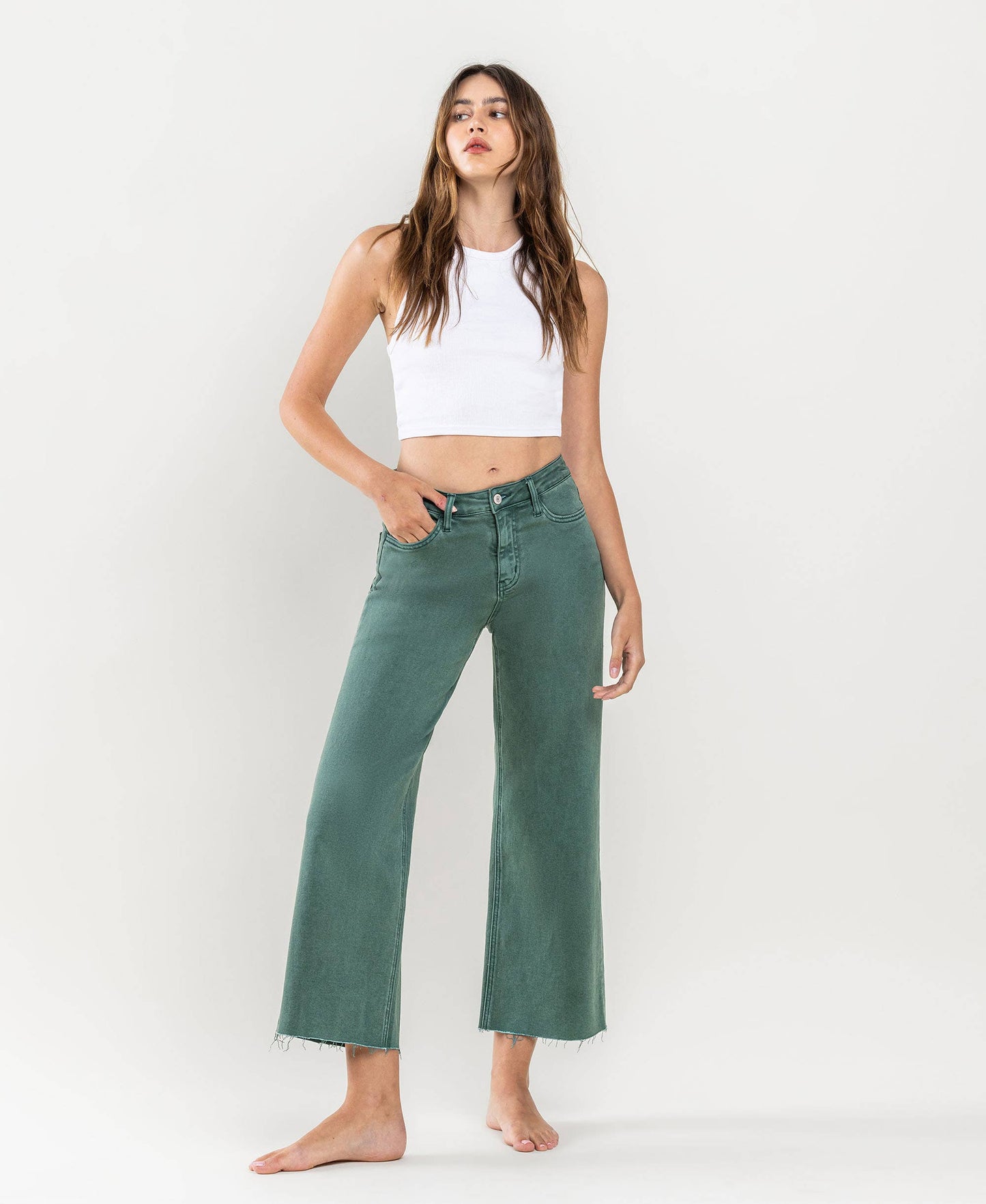 HIGH RISE CROP WIDE LEG JEANS the Leslie by vervet in MALLARD GREEN / 32