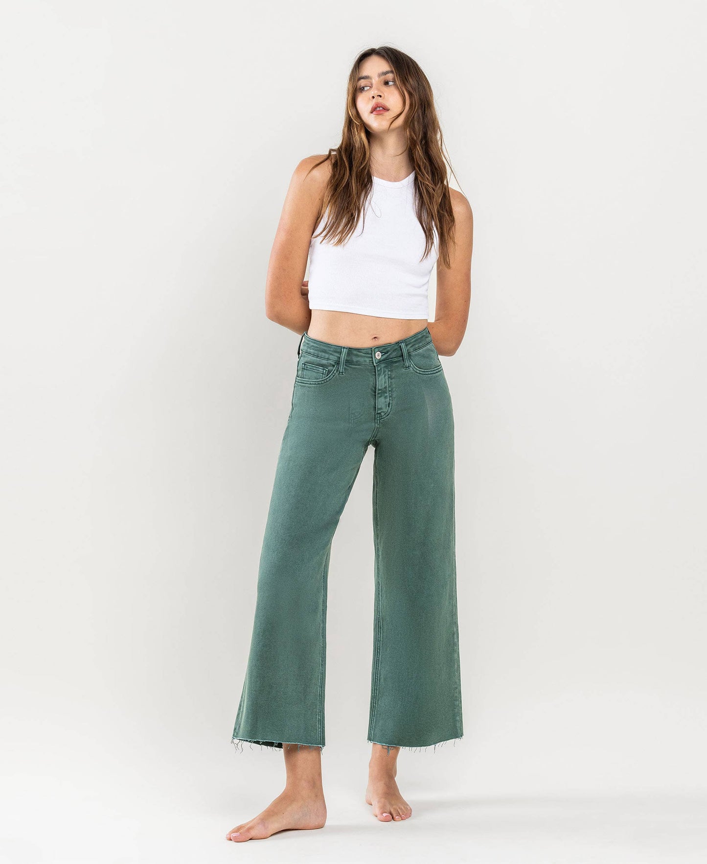 HIGH RISE CROP WIDE LEG JEANS the Leslie by vervet in MALLARD GREEN / 32