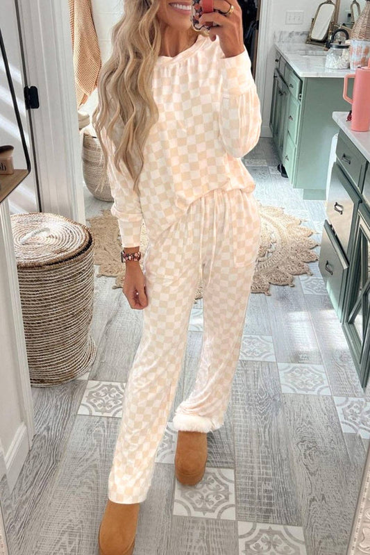 Checker Top and Pants Lounge Set: Beige