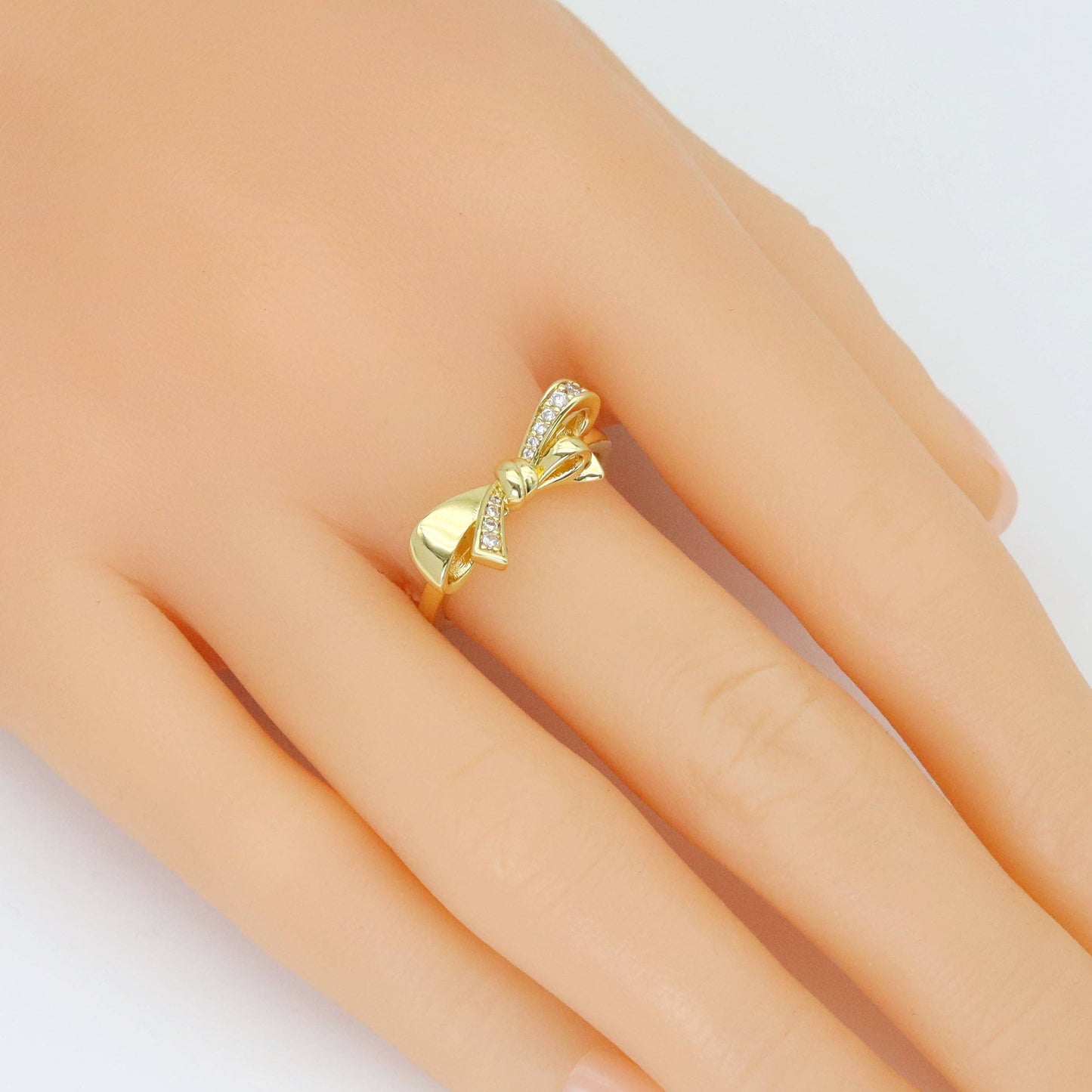 Gold Silver CZ Bow Adjustable Ring, Sku#A339: Gold